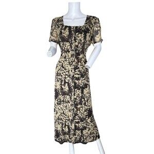 VTG 90s Dana Buchman 100% Silk Maxi Shirt Dress Brown Floral Size 6 Tie Waist